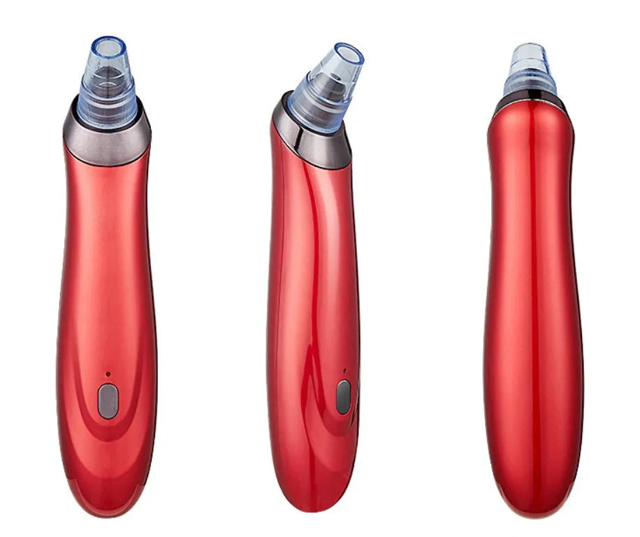 Black electric blackhead remover device with vacuum suction function and different coloured nozzles.