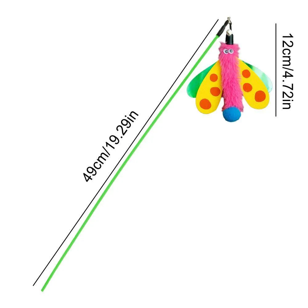 Blue dragonfly cat wand toy with bell on 49cm stick for interactive indoor play