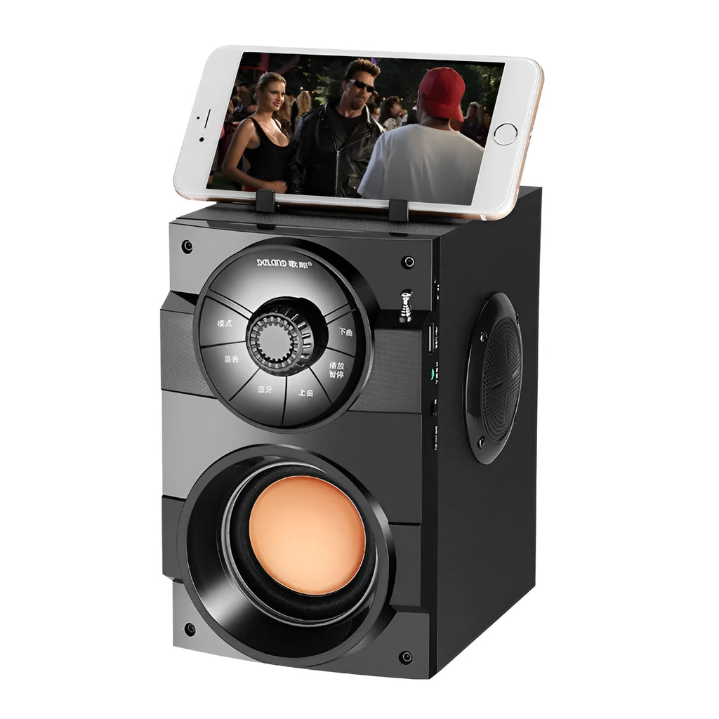 Black portable mini home audio system with subwoofer, satellite speakers, and a 3.5mm audio cable