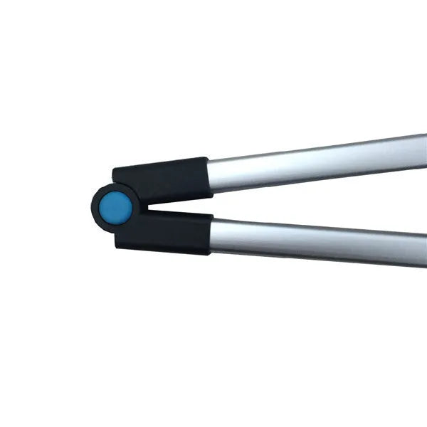 Blue foldable aluminium pickup trolley with stainless steel wheels in extended and collapsed positions