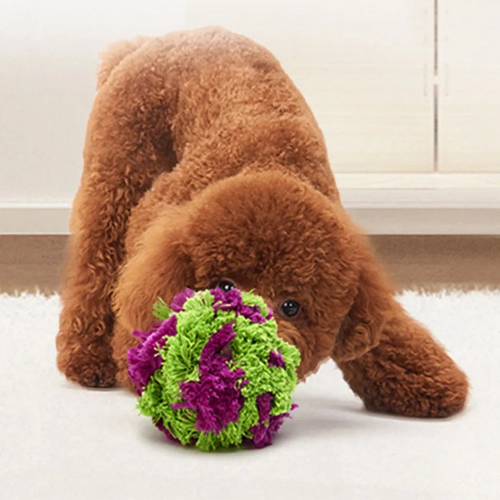 Purple plush seaweed ball dog chew toy measuring 15cm diameter for interactive play