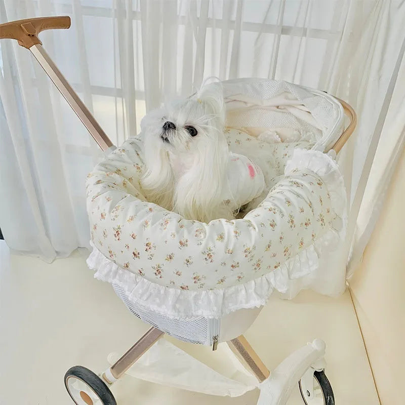 Pure cotton pet stroller cushion set with removable towel, pillow, and floral patterned cover