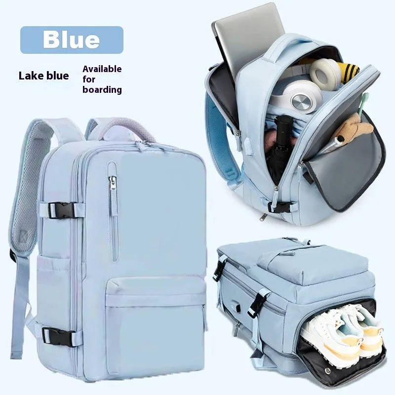 Large capacity waterproof Oxford cloth backpack in solid color with curved shoulder straps for travel and school use