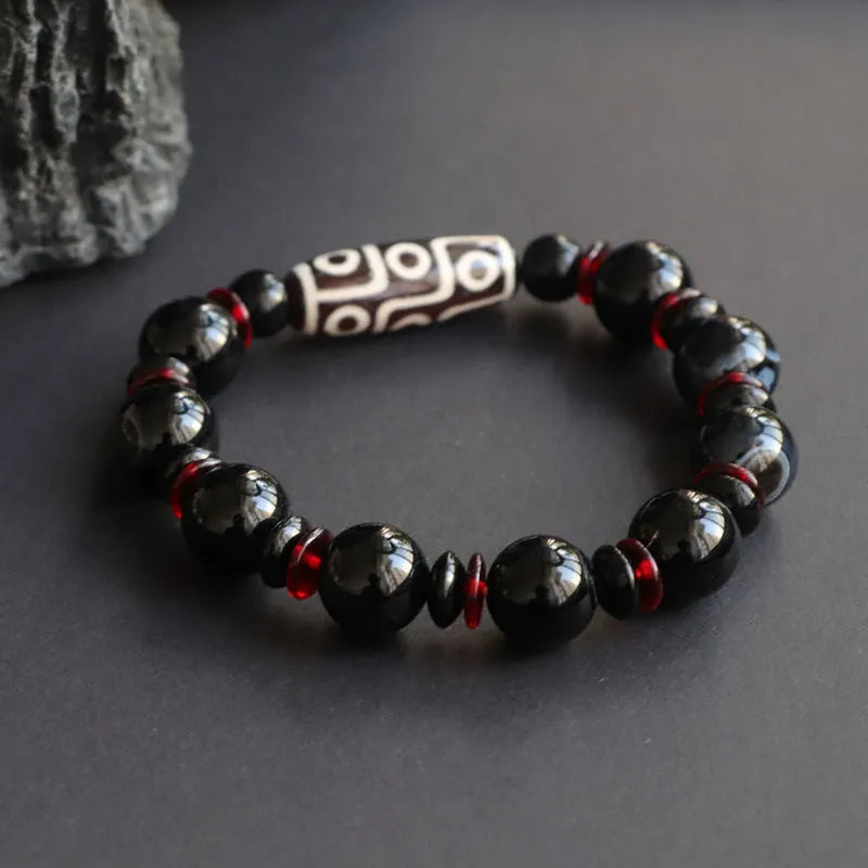 Hand-woven black agate Dzi bead bracelet with 11mm geometric chalcedony stones in national style