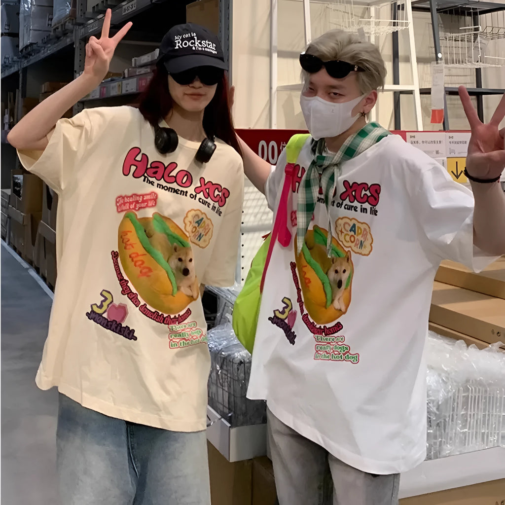 Cartoon hamburger dog printed cotton t-shirt in loose fit available in white, apricot, and sky blue colours