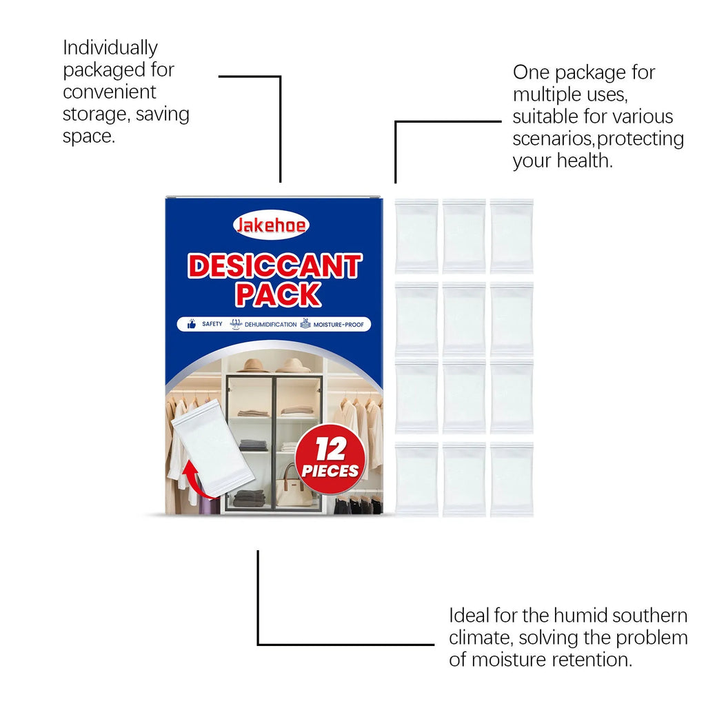 Pack of 12 anti odor desiccant units for household moisture control with calcium chloride.