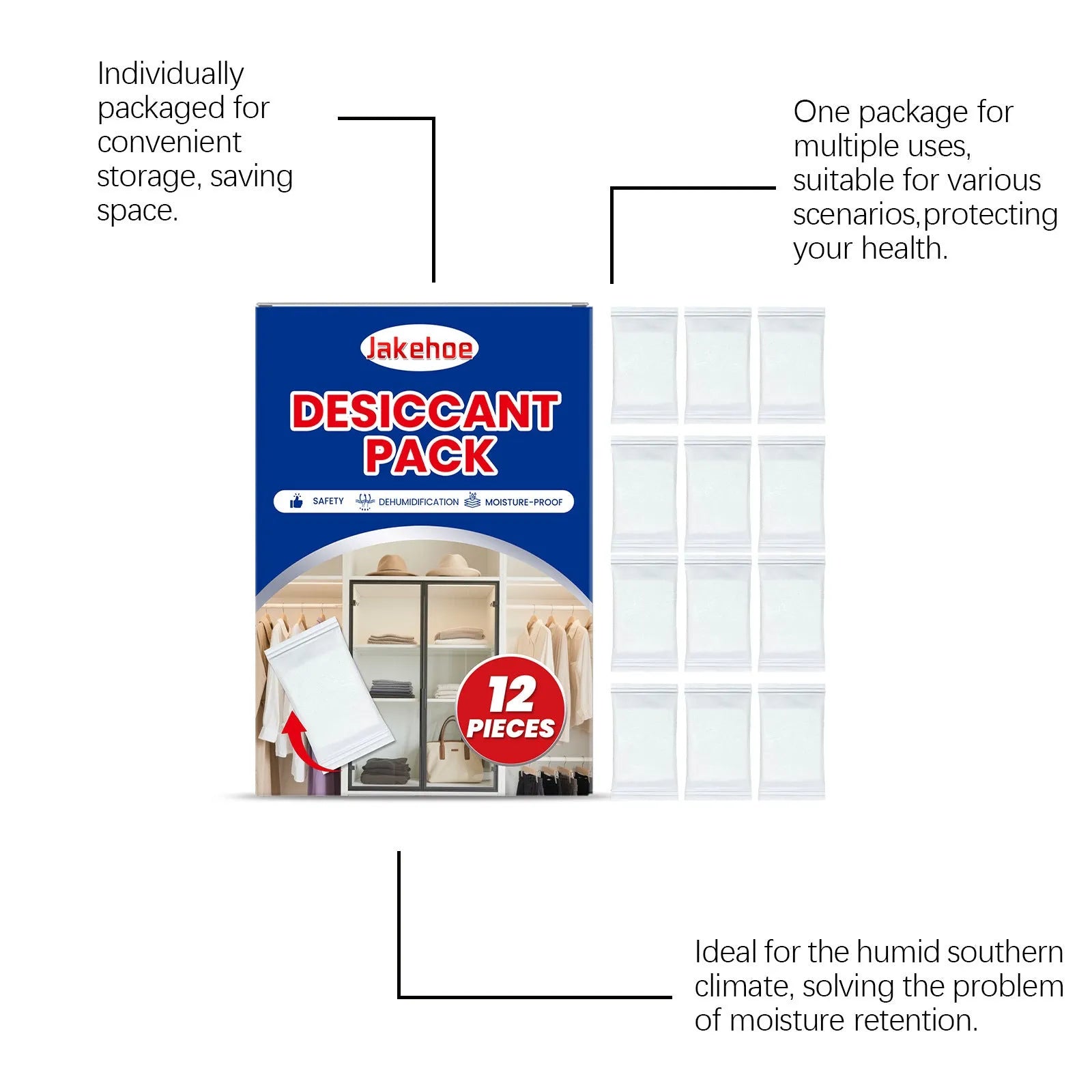 Pack of 12 anti odor desiccant units for household moisture control with calcium chloride.