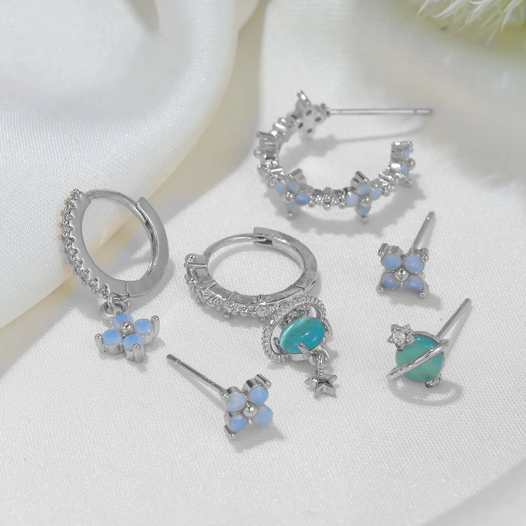 Gold and silver flower stud earrings with zircon mosaic, Japanese Korean sweet style.