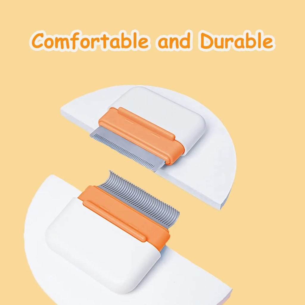 Blue double-sided pet grooming comb with stainless steel teeth and massage bristles