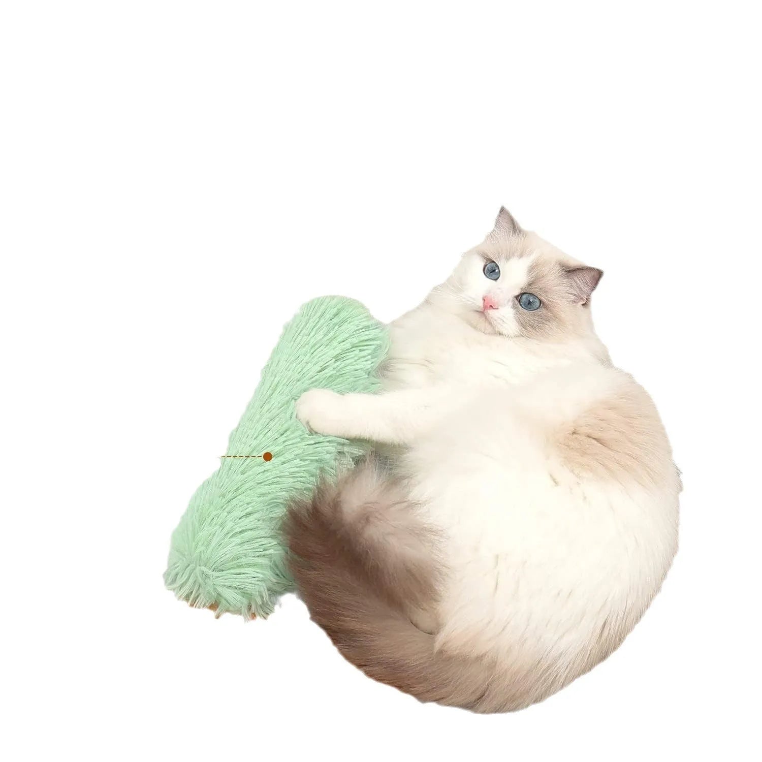 Small green plush pillow cat toy measuring 27cm by 10cm on a plain background