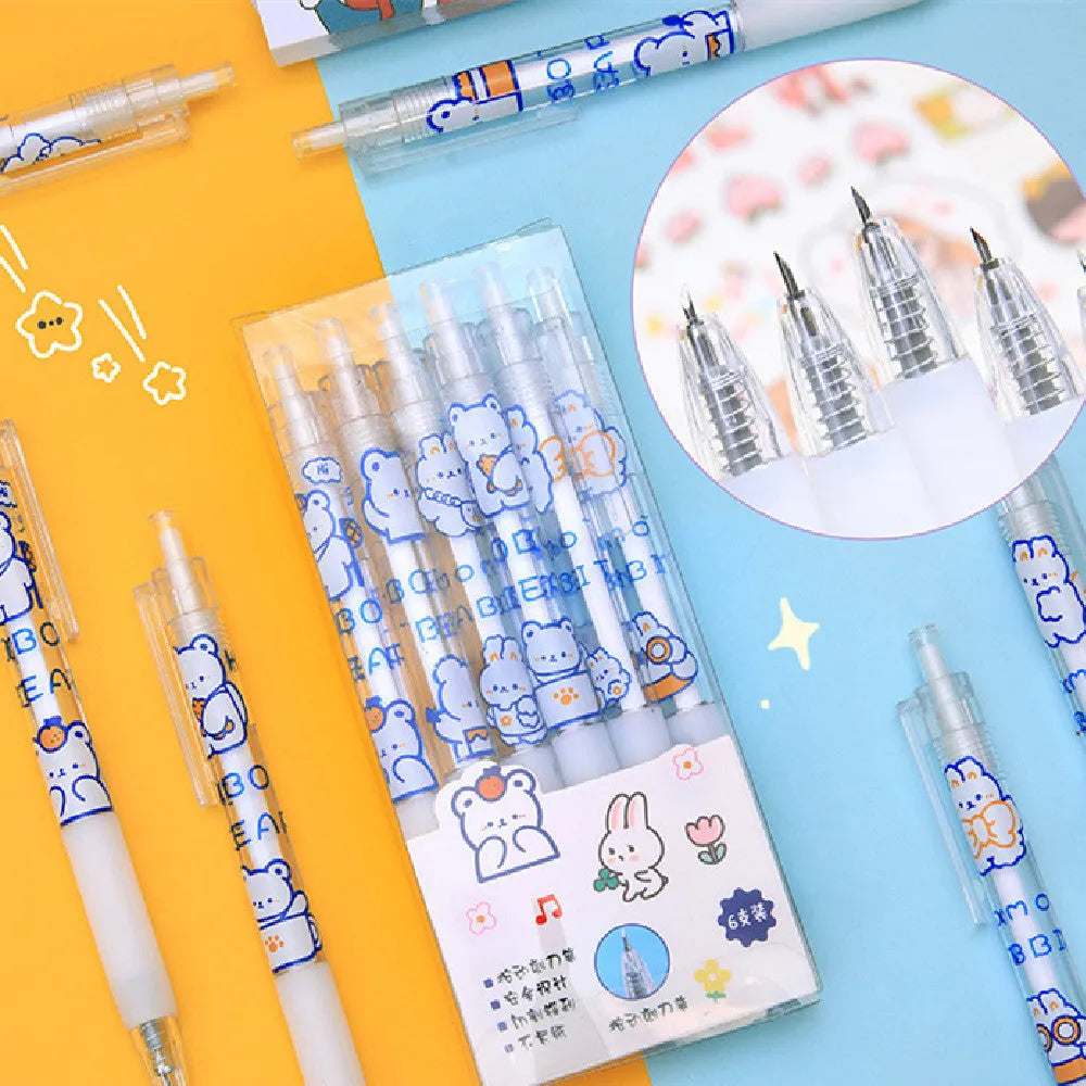 Six cream-coloured press pen knives with bear and rabbit character designs including orange bear, doll bear, and bowtie rabbit