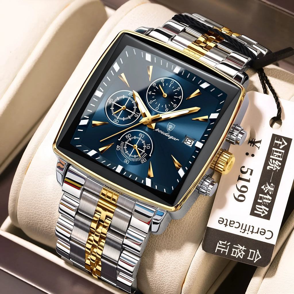 Square men's business quartz watch with stainless steel strap and 9mm thick alloy case