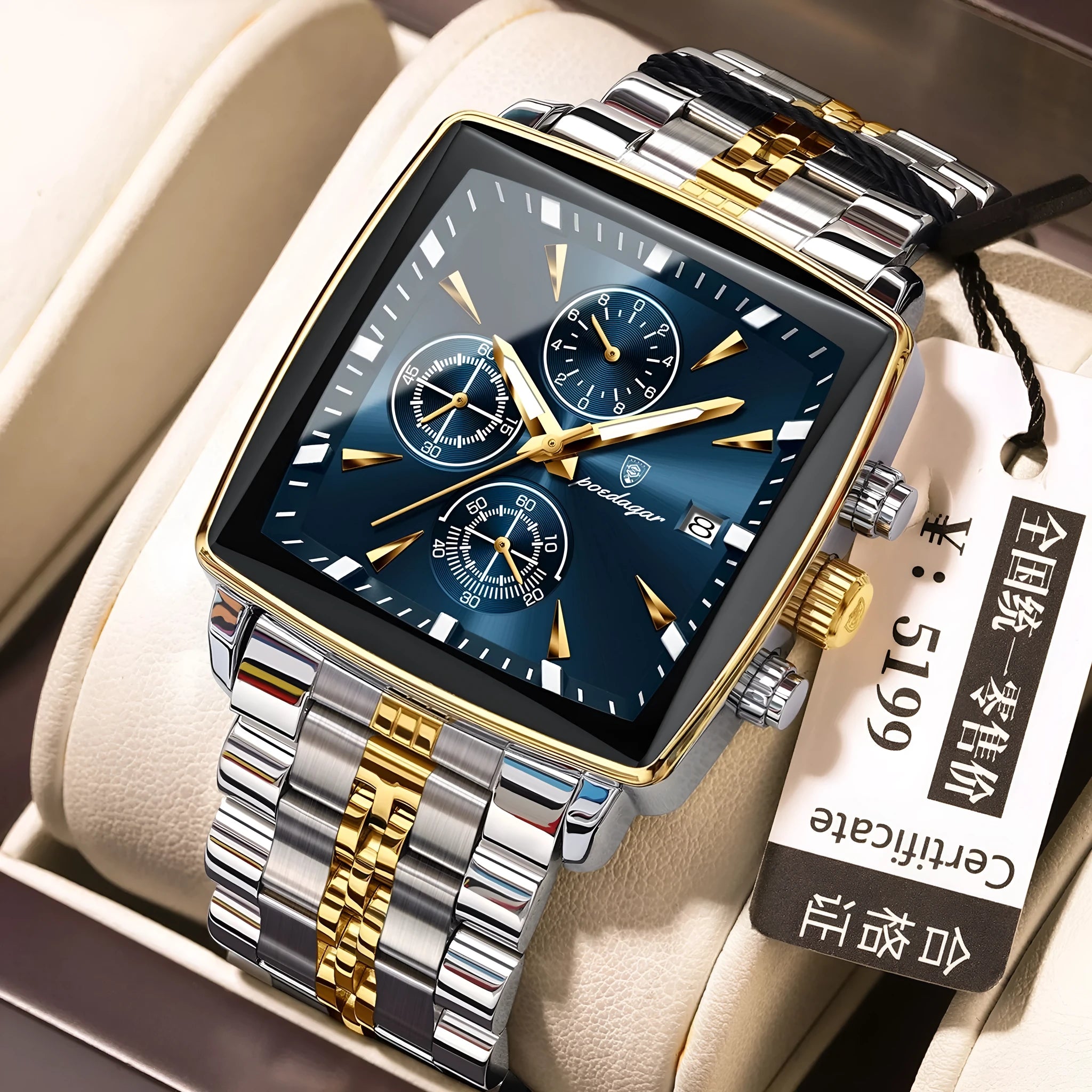 Square men's business quartz watch with stainless steel strap and 9mm thick alloy case