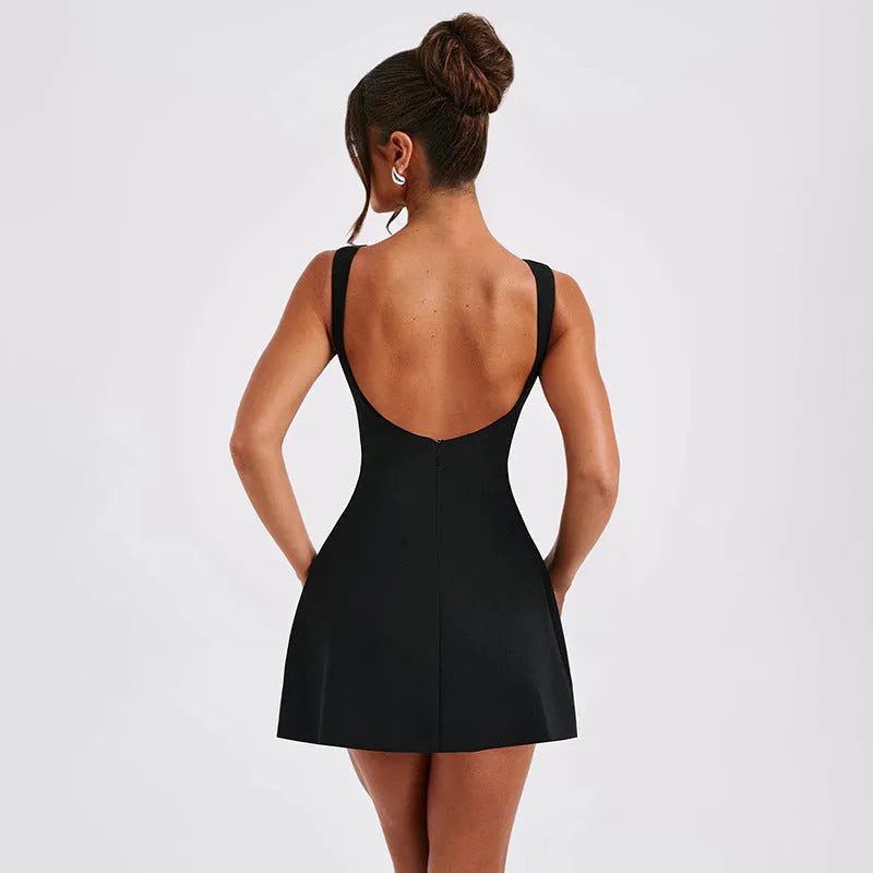Slim-fitting backless sleeveless summer dress with high waist and short skirt