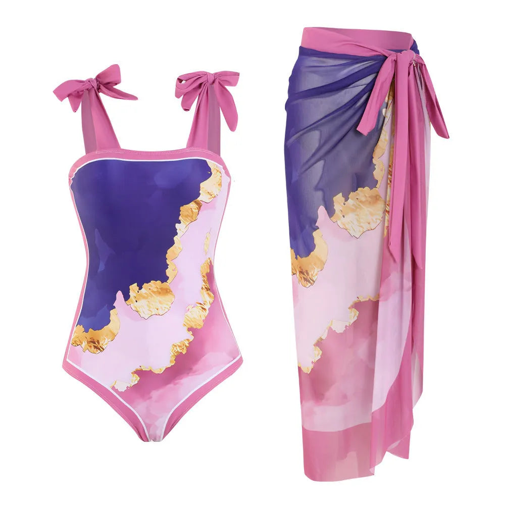 Floral-printed conservative one-piece swimsuit with mesh tube top and matching skirt