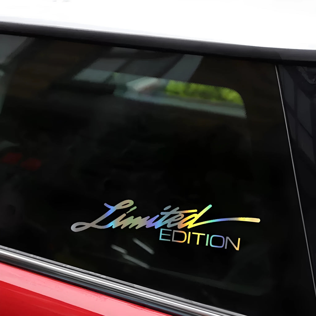 Black laser reflective text-style car sticker on vehicle window