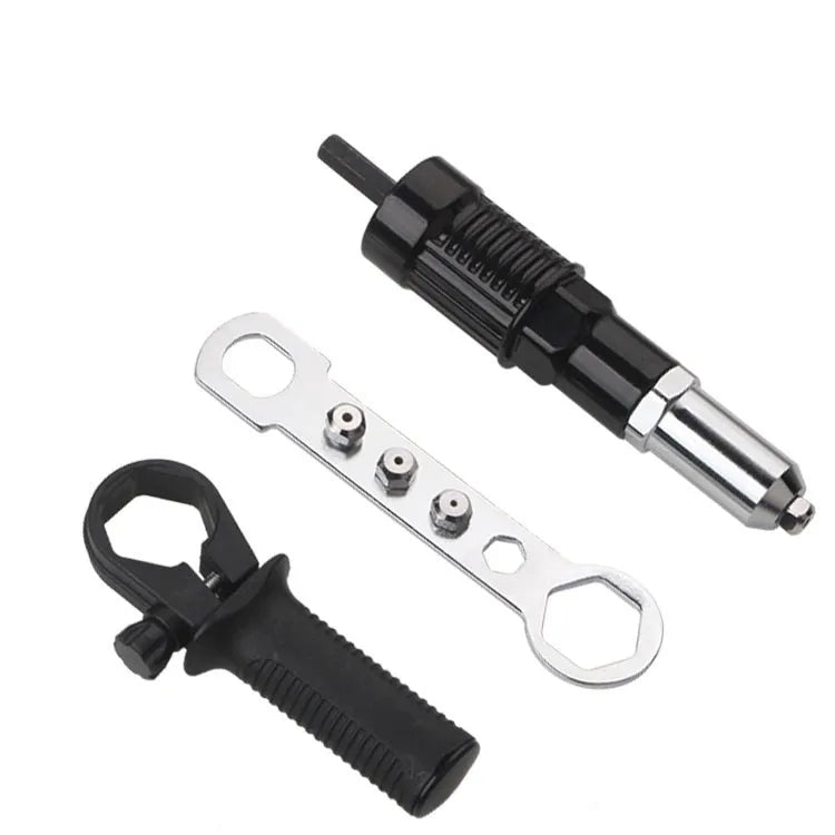 Black metal electric drill rivet gun with alloy steel head, 173mm long, for aluminium and automotive riveting