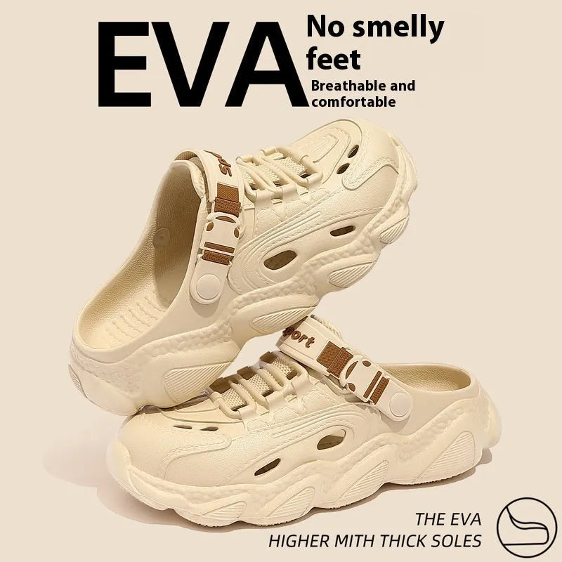 Men's khaki outdoor slippers showing hollow out breathable design and textured non-slip EVA sole.