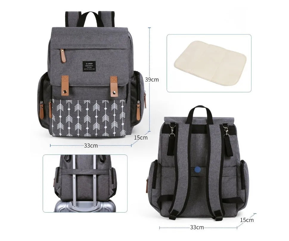 LAND grey Oxford cloth mum diaper backpack with changing mat, shown with dimensions