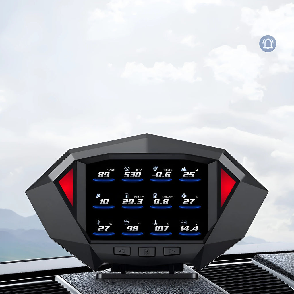 Black vehicle HUD head-up display unit with LCD screen showing driving information