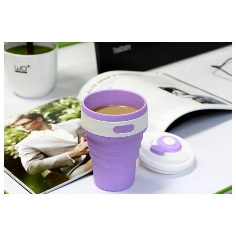 Collapsible silicone travel mug showing folded and expanded states with leak-proof cover