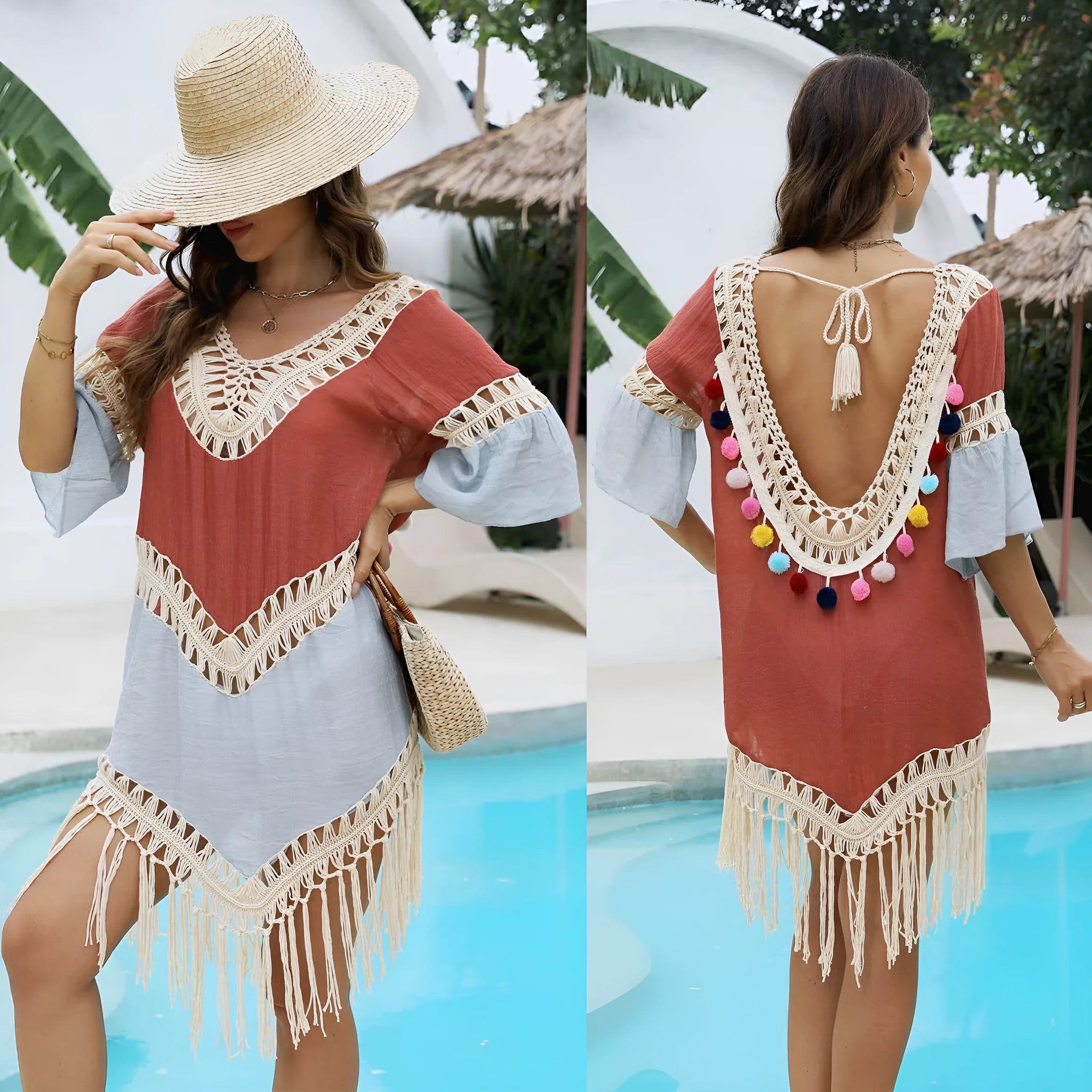 Orange floral pattern beach overskirt with hand crochet detail and cotton tassels laid flat.