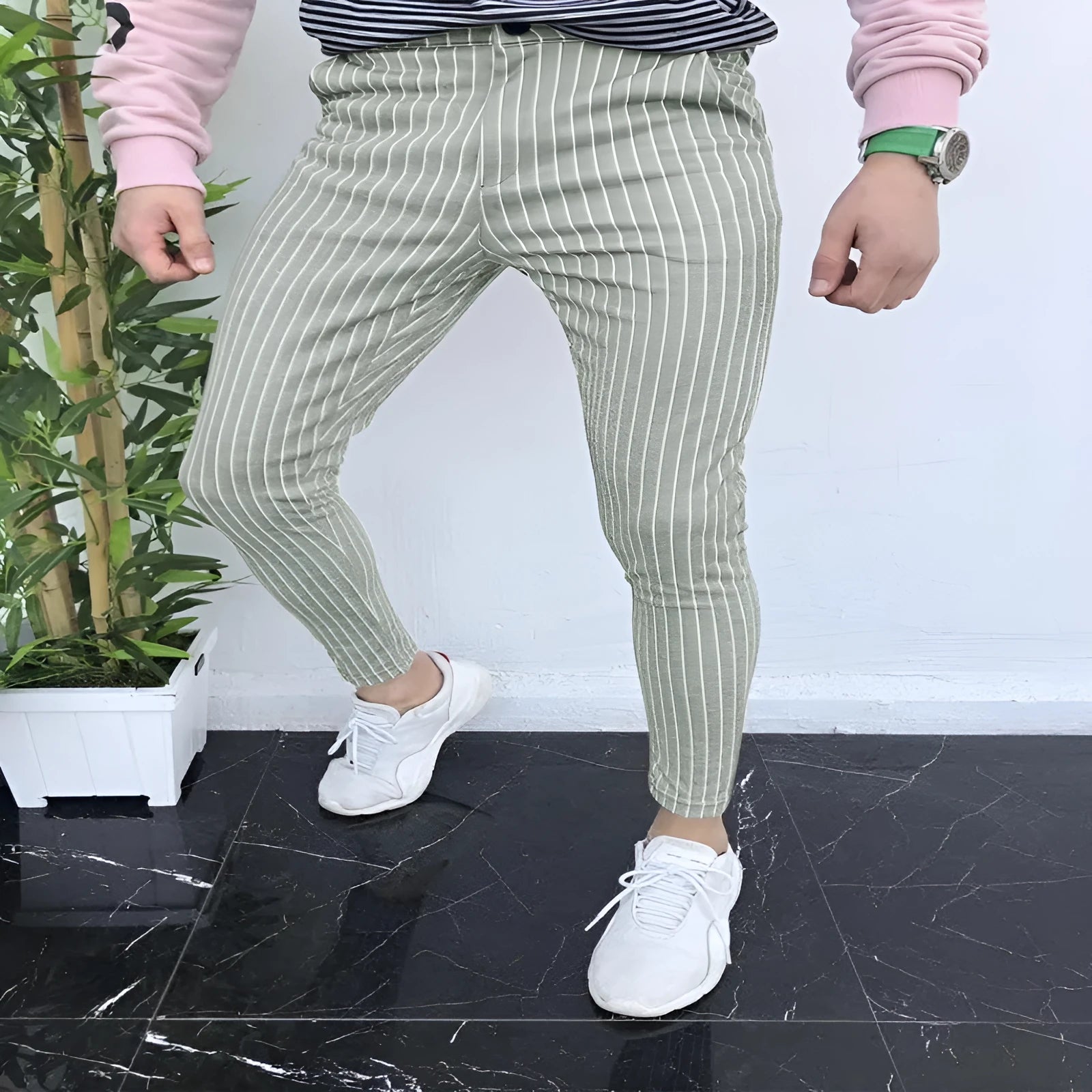 Men's 3D printed plaid casual trousers in straight-leg slim-fit style with micro-elastic fabric