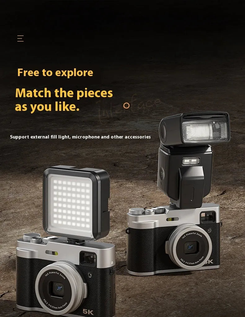 Black 5K HD digital camera with front and rear lenses, 2.88-inch screen, and optical viewfinder on a table with accessories.