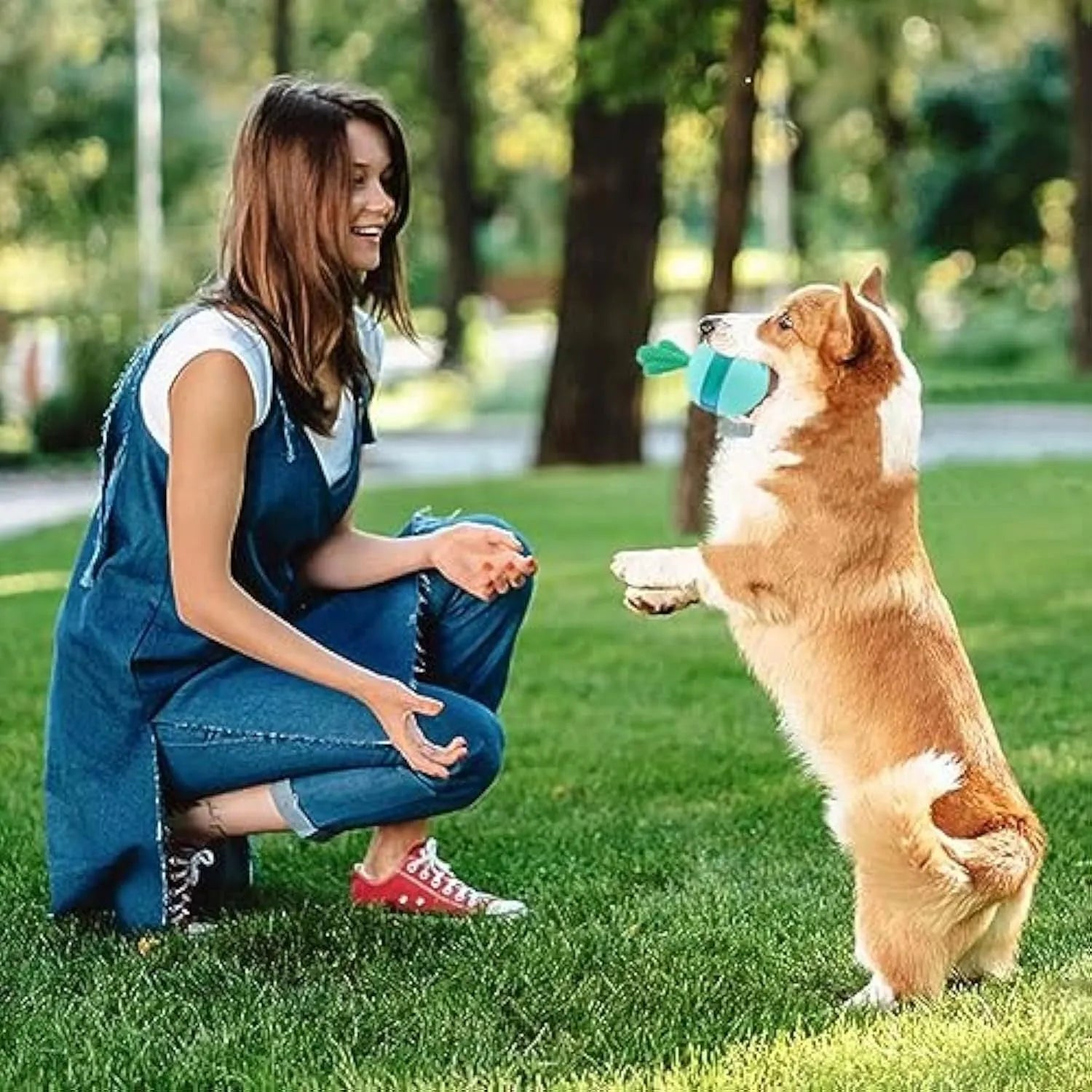Blue or green durable rubber interactive dog puzzle toy ball with treat dispensing holes for medium and large dogs