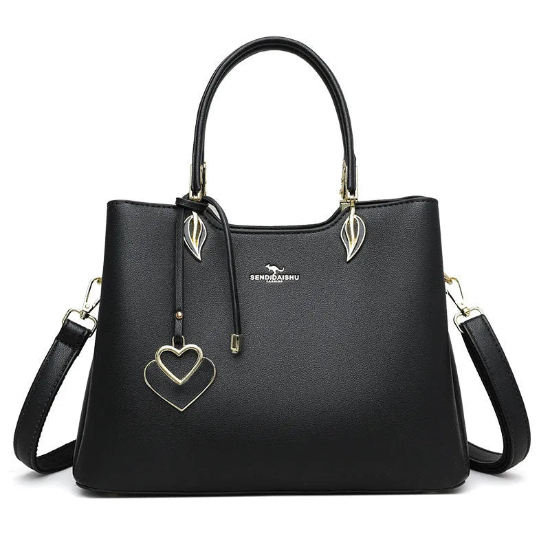 Women's black PU multi-layer shoulder messenger bag with sewn thread detailing