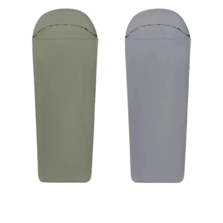 Blue or green nylon mummy camping sleeping bag showing 210 cm length and portable packed size
