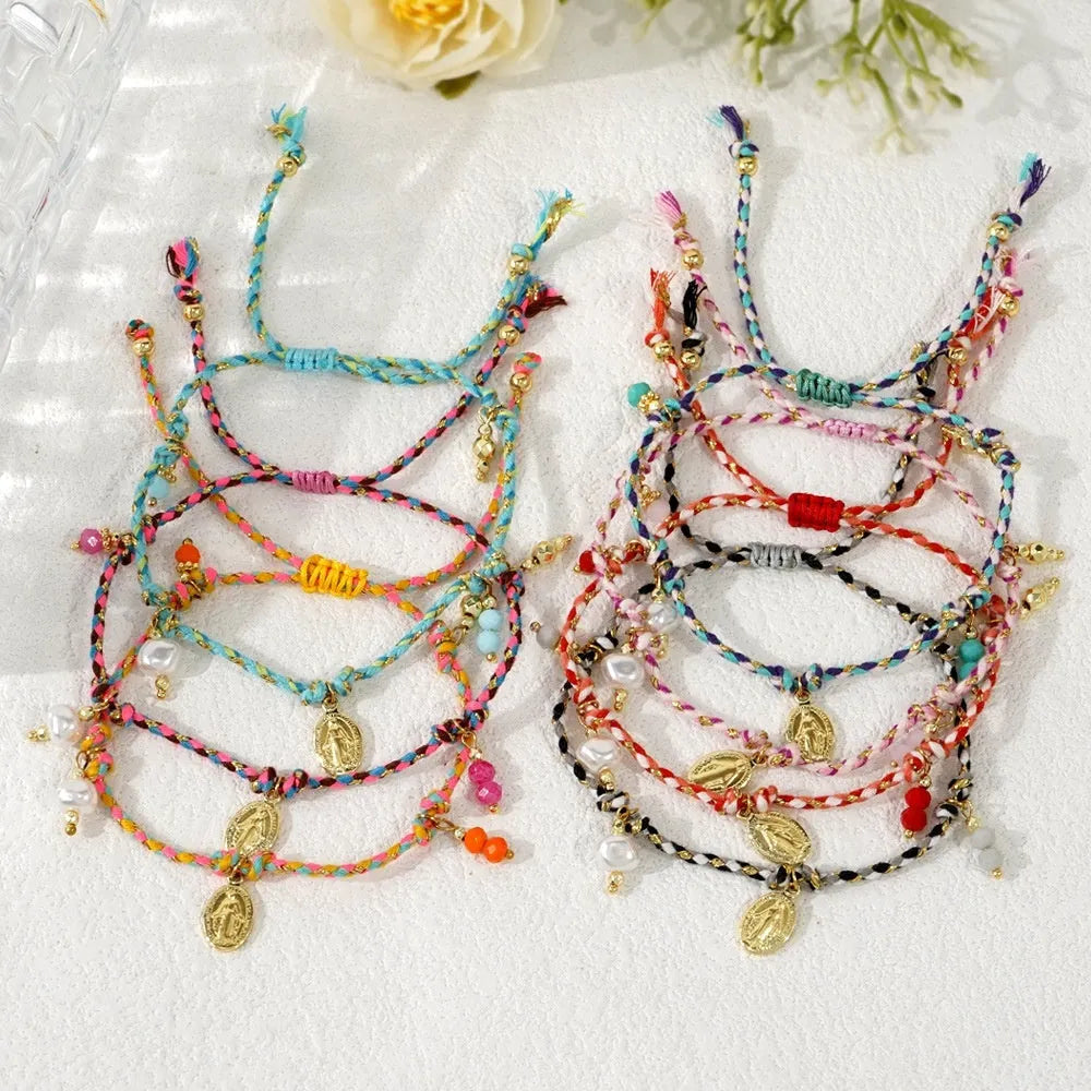 Colourful hand-woven ethnic bracelet for women with a carrying strap tag design.