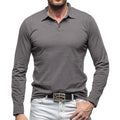 Men's American retro style polo collar long sleeve cotton t-shirt shown in multiple colours.