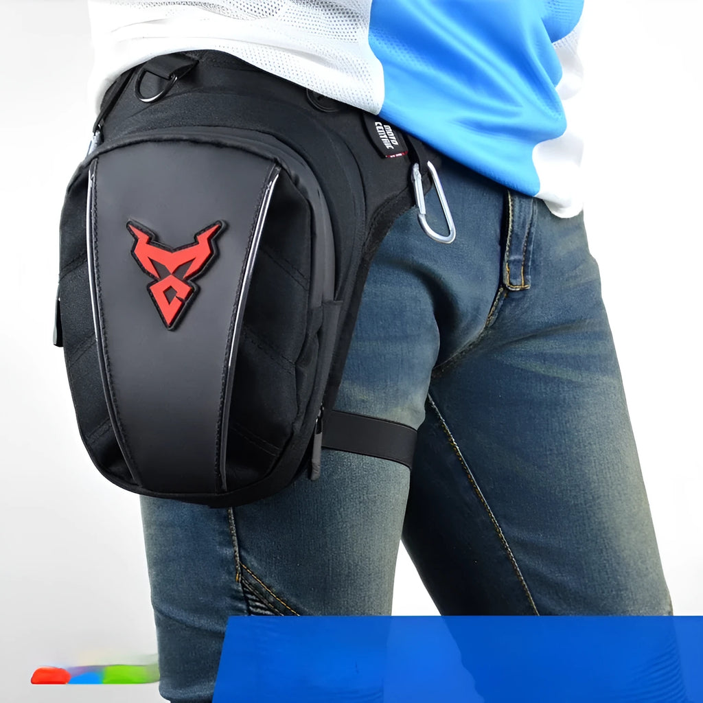 0105MC motorcycle leg bag in 1200D Oxford cloth shown in one of four colours: red, blue, green, or grey.