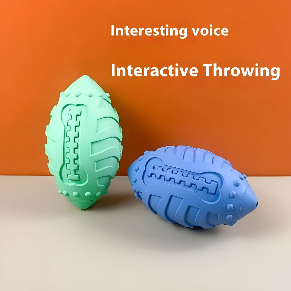 Thickened rubber rugby ball dog toy in light green or sapphire blue for interactive training