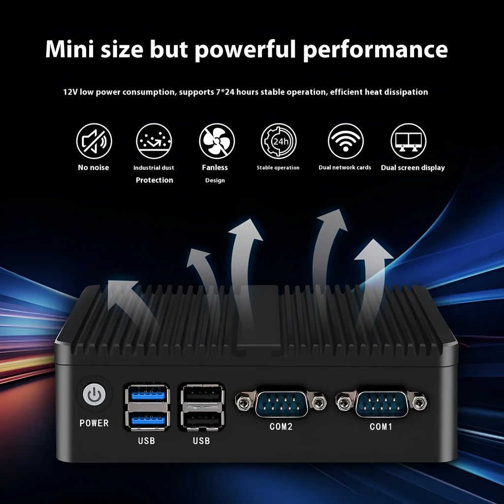 Industrial fanless mini PC microcomputer measuring 13.6 by 12.7 by 4 centimetres with dual network ports
