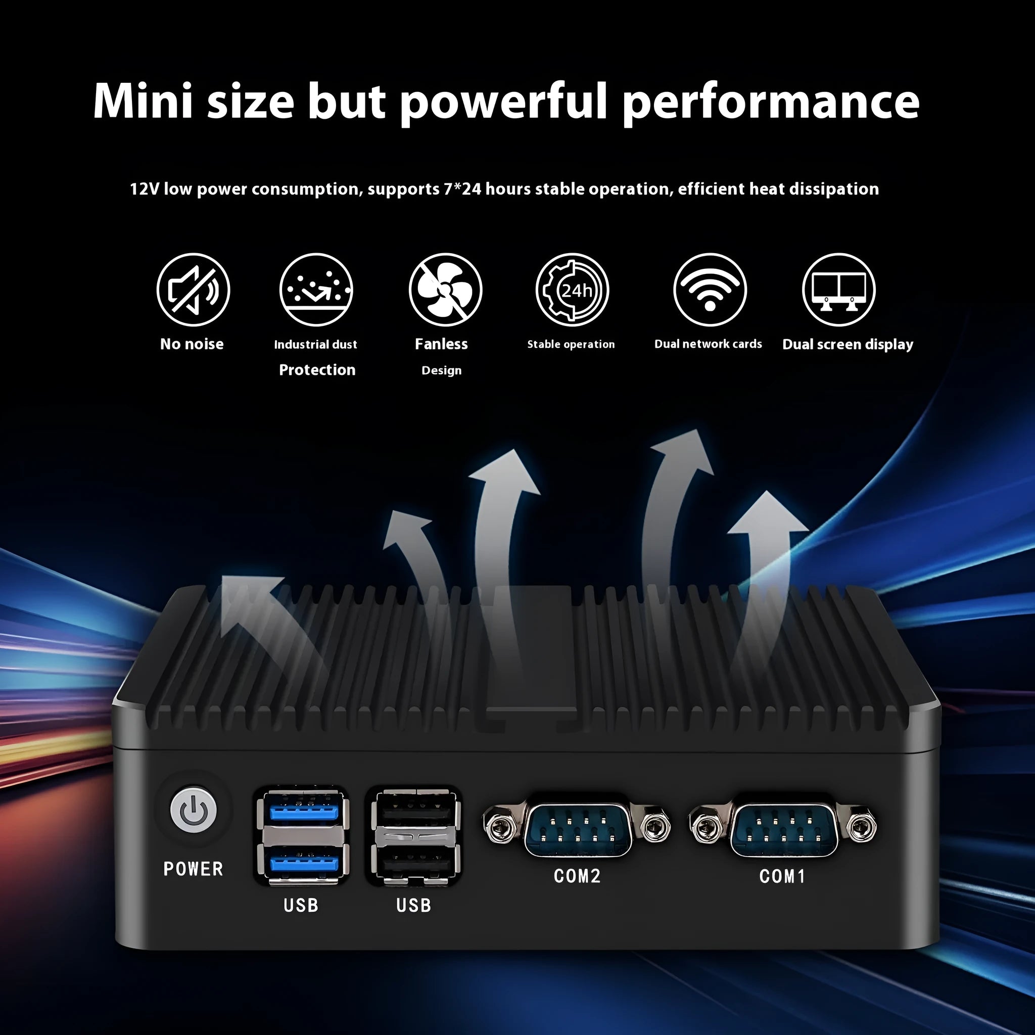 Industrial fanless mini PC microcomputer measuring 13.6 by 12.7 by 4 centimetres with dual network ports