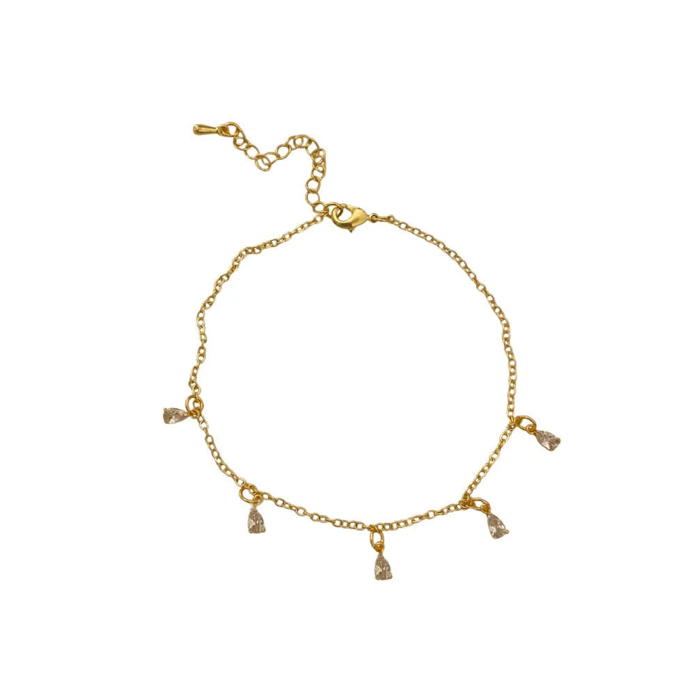 Women's zircon jewellery set showing geometric meteor shower necklace, earrings, and anklet