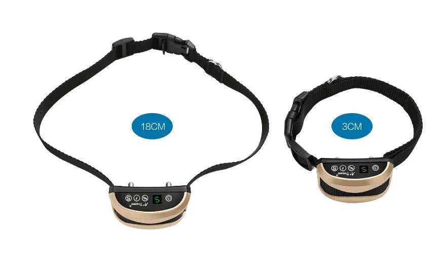 Black digital dog bark training collar with adjustable reflective strap on a table