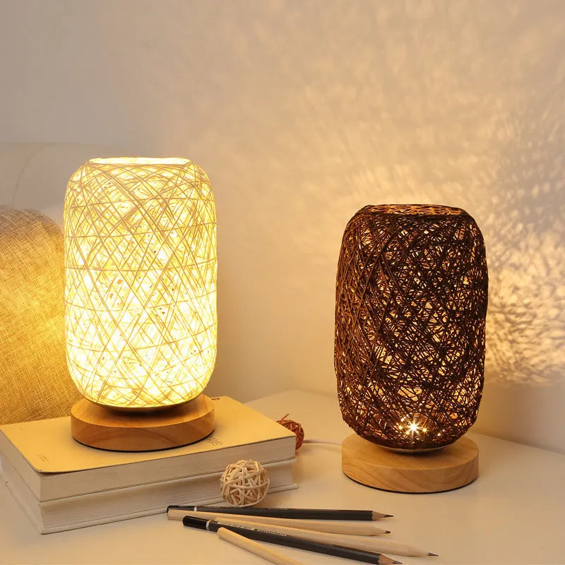 Brown hemp twine Sepak Takraw desk lamp with wooden base and USB cable