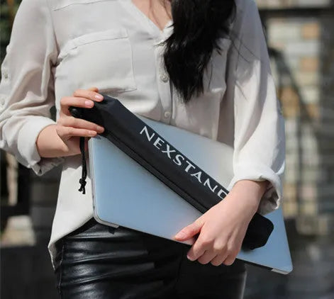 Black folding portable laptop stand made of reinforced nylon with compact dimensions