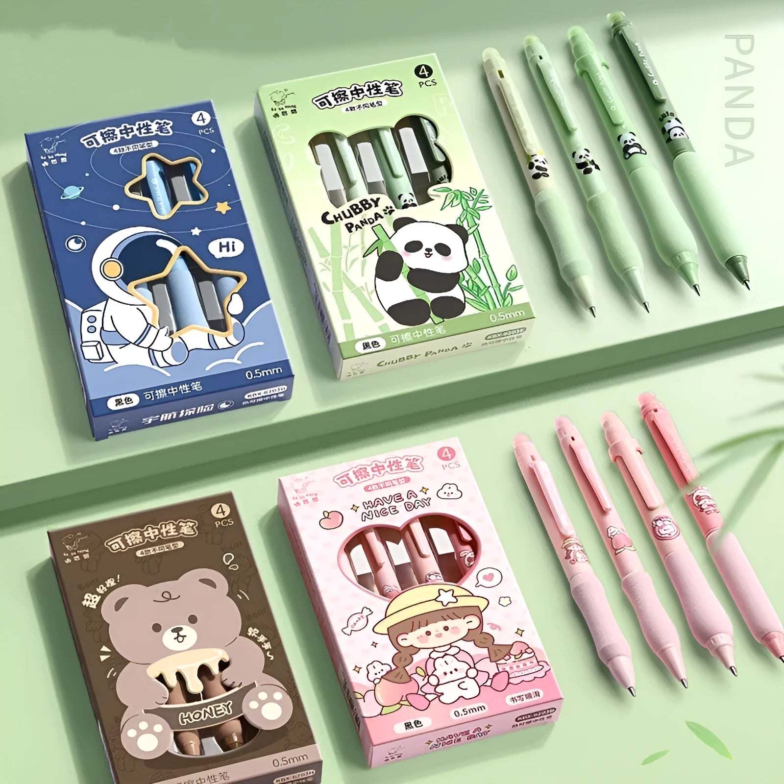 Erasable gel pen with cartoon designs and 0.5mm tip in black or crystal blue ink