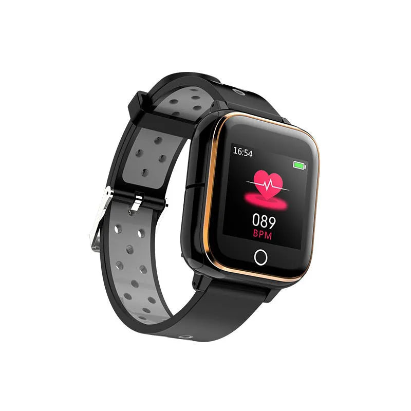 Black smart watch with built-in Bluetooth earphones stored in the watch case, showing a 1.4-inch TFT display.
