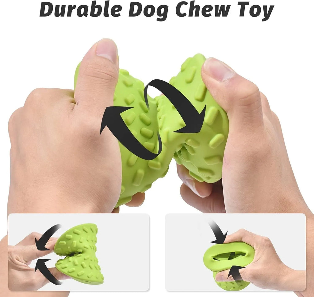 Natural rubber treat dispensing bone toy for dogs in blue, green or purple colours