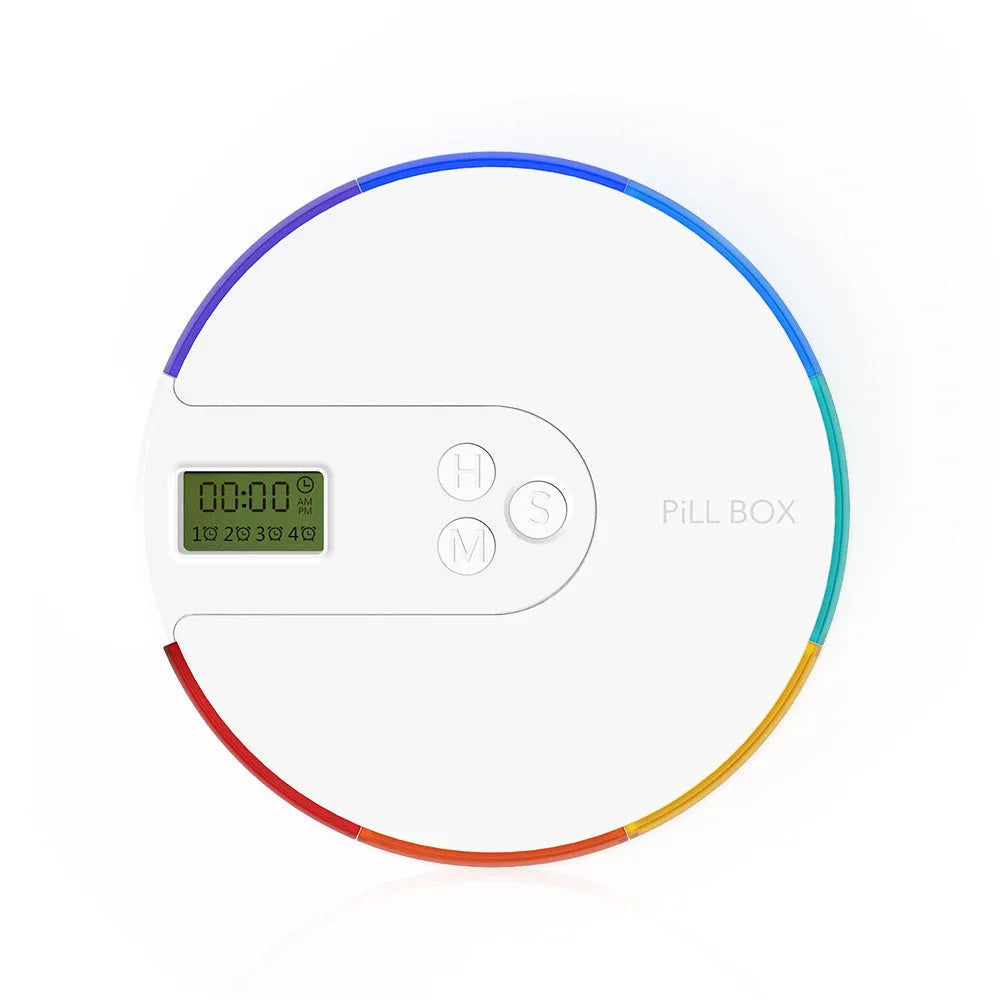 Blue 7-compartment alarm clock pill dispenser showing timer display and weekly medicine slots