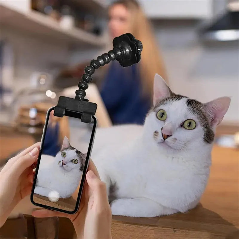 Black pet photography tool with rotating mount and phone clip for holding treats during animal photoshoots
