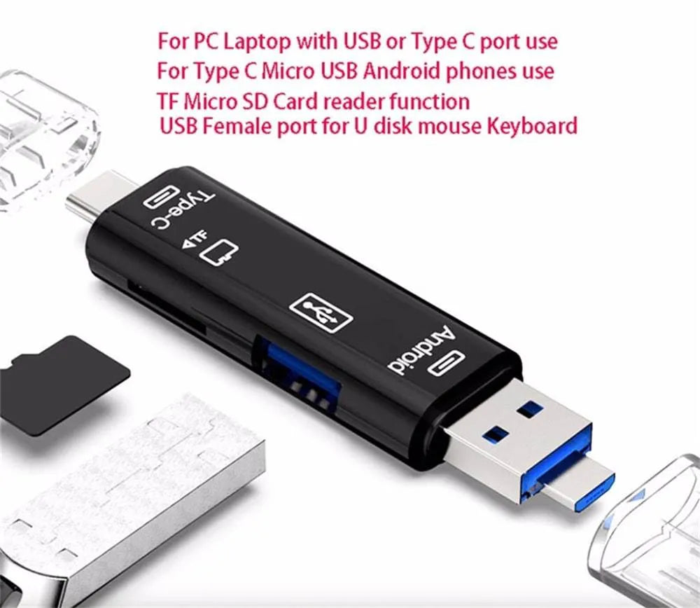 Black USB-C to Micro USB and TF card reader hub adapter with USB 2.0 port