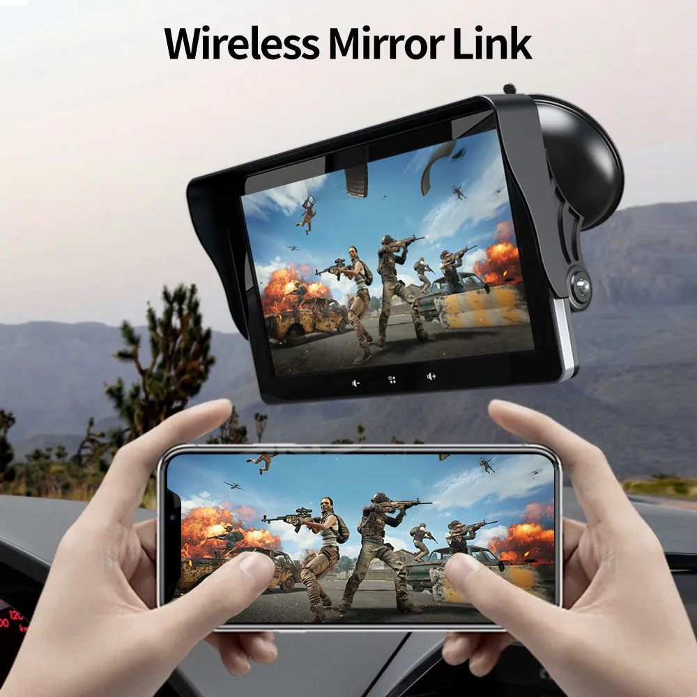 7 inch wireless CarPlay display with cigarette lighter interface and suction cup mount for universal car use