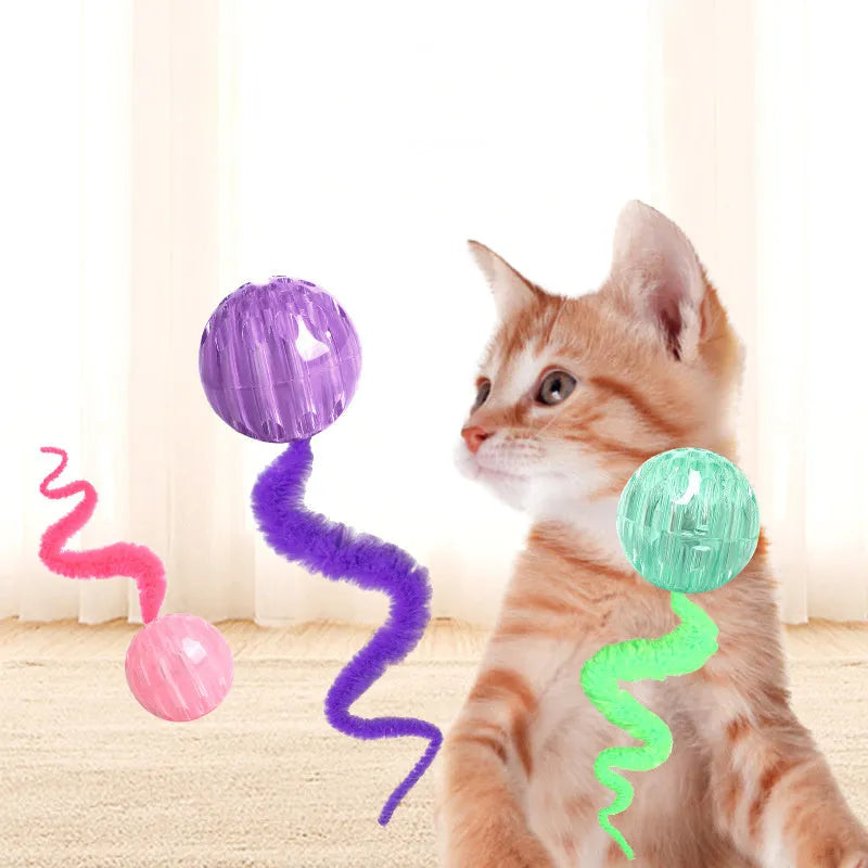 Interactive bouncy ball cat toy with worm tail in green, pink, or purple colours