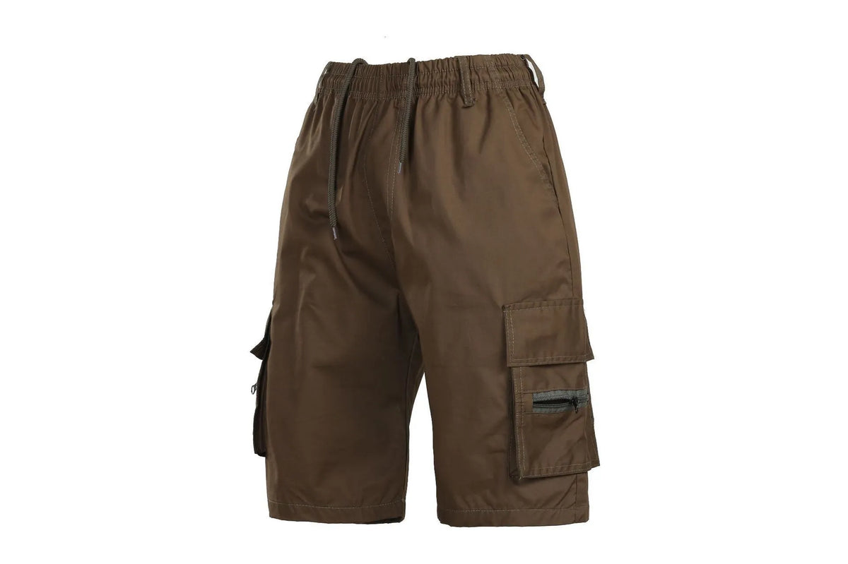 Men's loose-fit cotton sports shorts with multiple pockets and drawstring waist in khaki colour